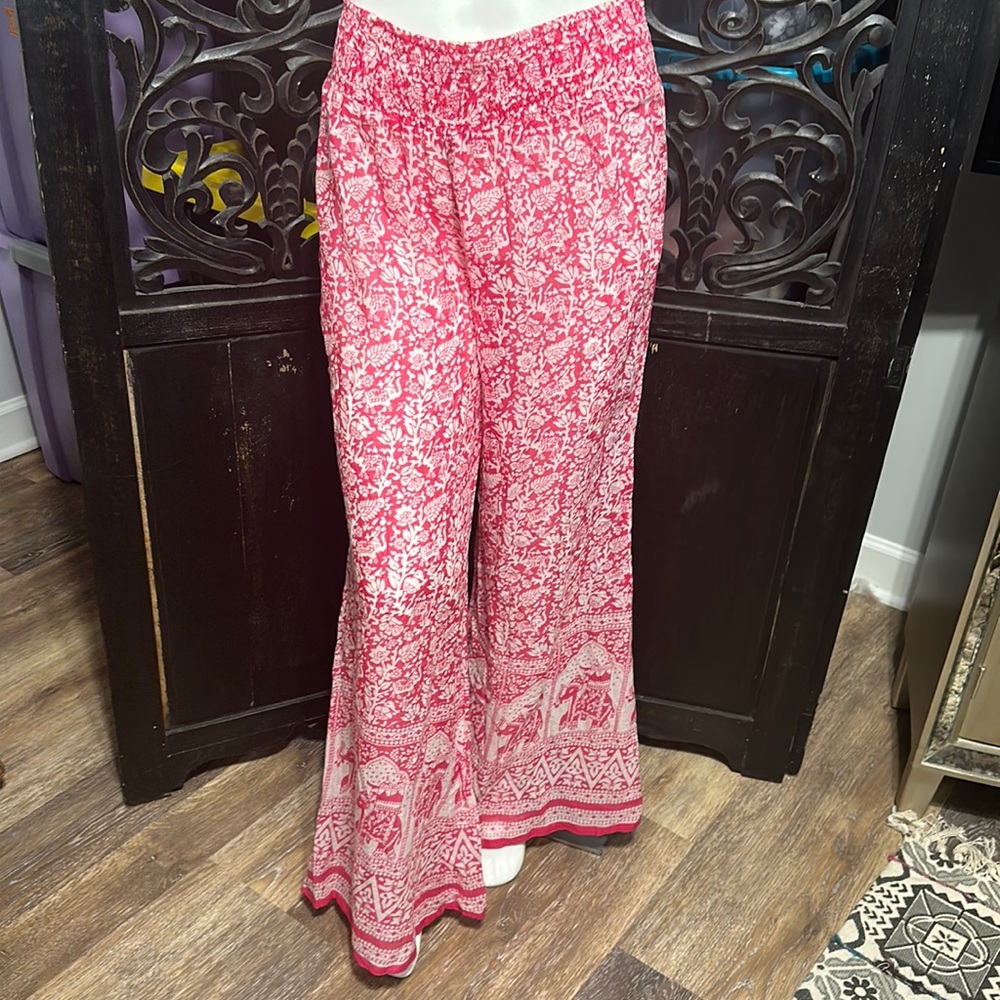 Raviya Floral Elephant Pattern All Cotton Semi Sheer Flared Leg Pull On Pants.